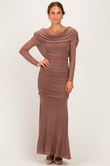 Mocha Mesh Draped Shoulder Long Sleeve Maxi Dress