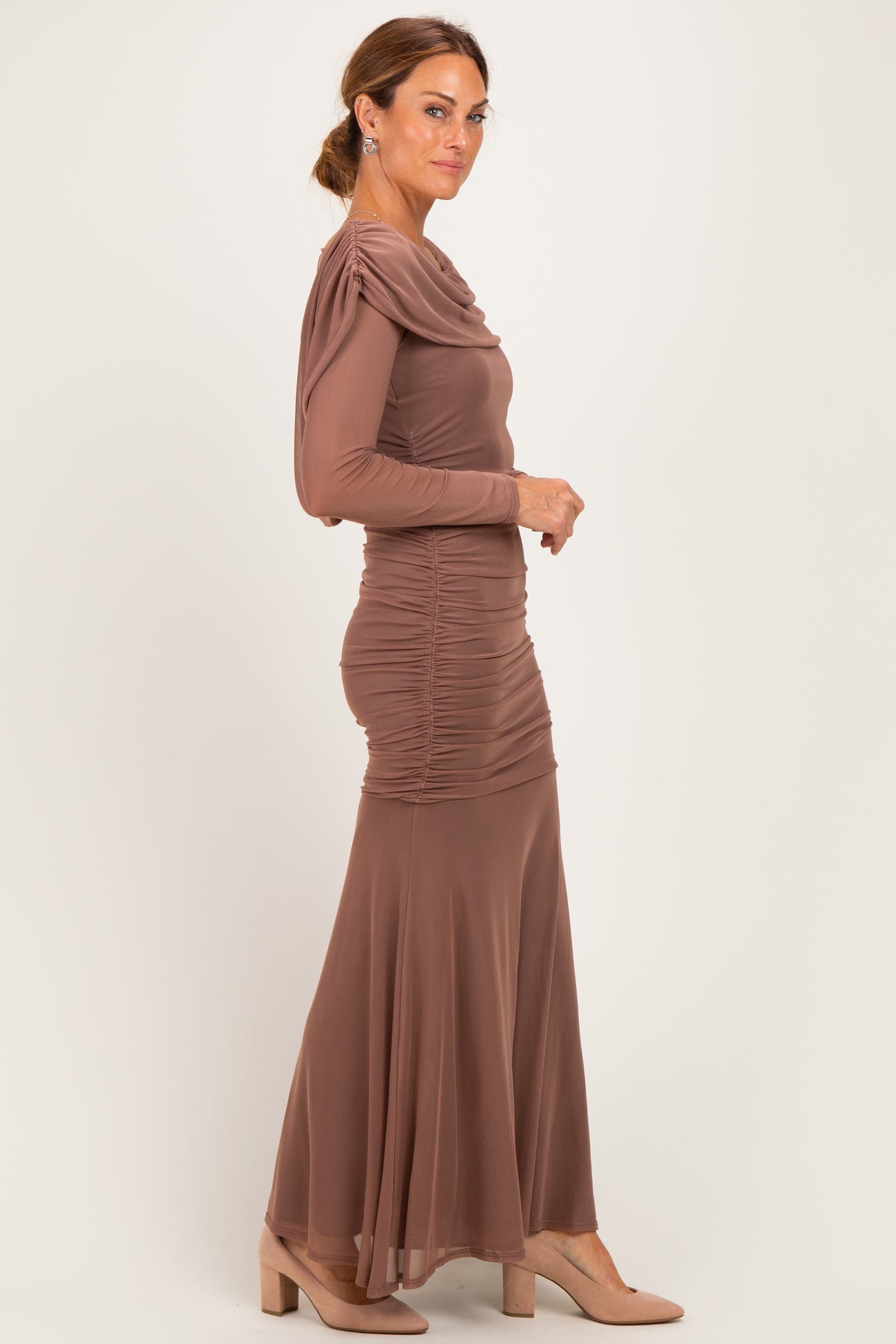 Mocha Mesh Draped Shoulder Long Sleeve Maxi Dress