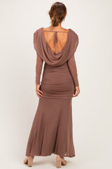 Mocha Mesh Draped Shoulder Long Sleeve Maxi Dress