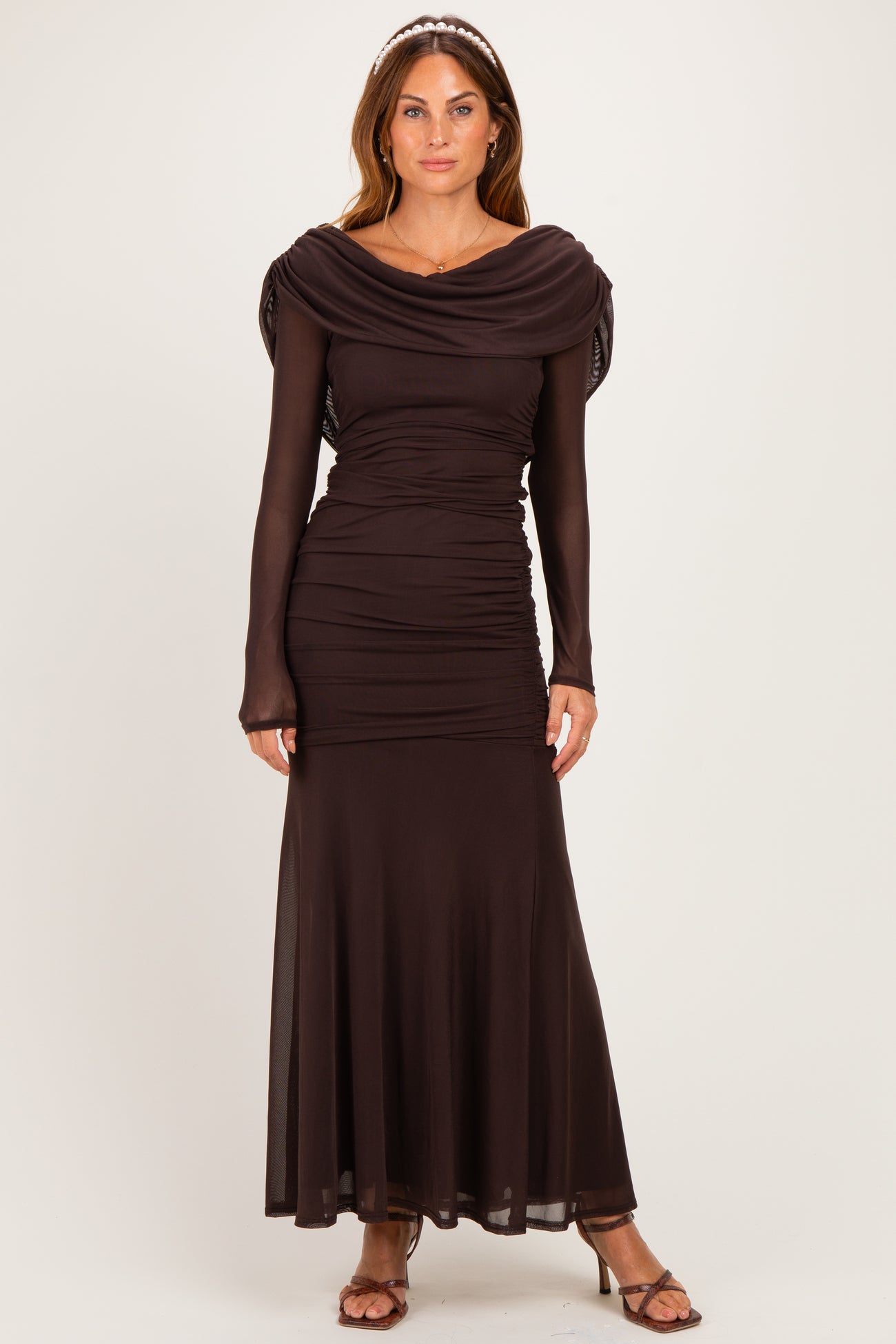 Chocolate Mesh Draped Shoulder Long Sleeve Maxi Dress