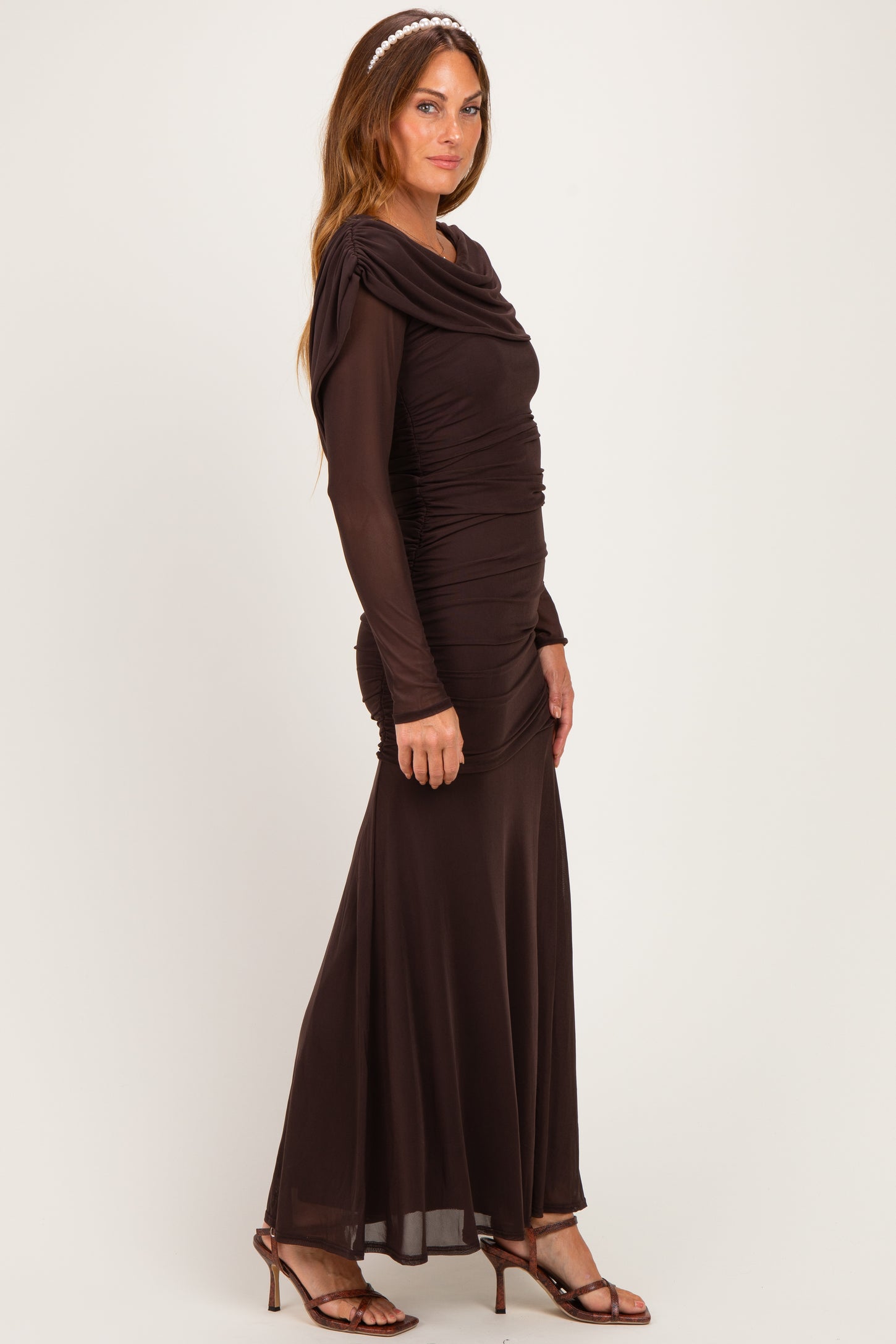 Chocolate Mesh Draped Shoulder Long Sleeve Maxi Dress