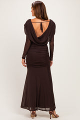 Chocolate Mesh Draped Shoulder Long Sleeve Maxi Dress