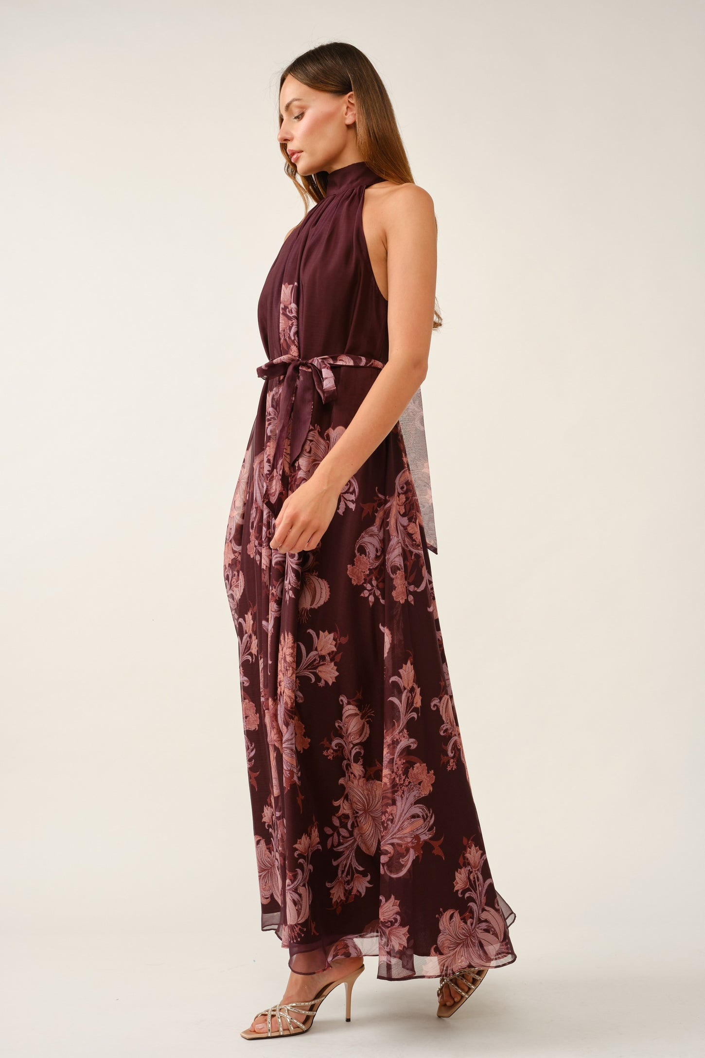 Burgundy Chiffon Floral Mock Halter Maxi Dress