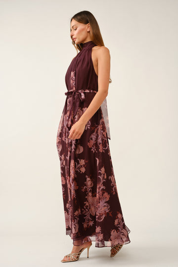 Burgundy Chiffon Floral Mock Halter Maxi Dress