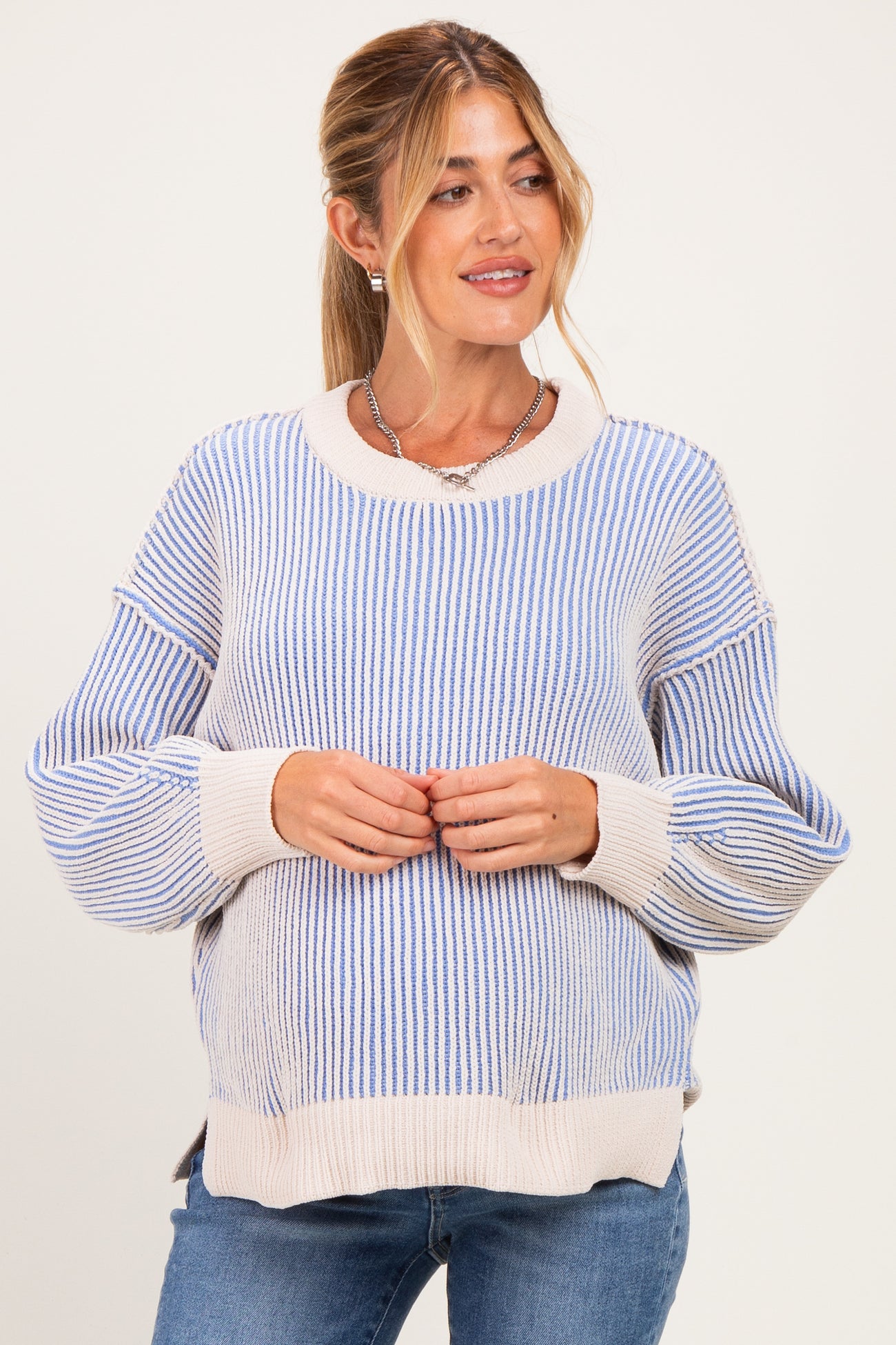 Blue Two Tone Oversized Maternity Sweater