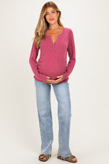 Mauve Ribbed V-Neck Long Sleeve Maternity Top