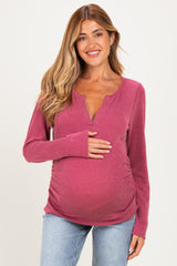 Mauve Ribbed V-Neck Long Sleeve Maternity Top