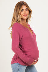 Mauve Ribbed V-Neck Long Sleeve Maternity Top