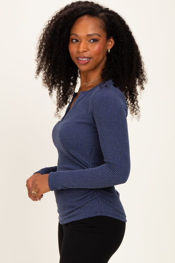 Navy Ribbed V-Neck Long Sleeve Top