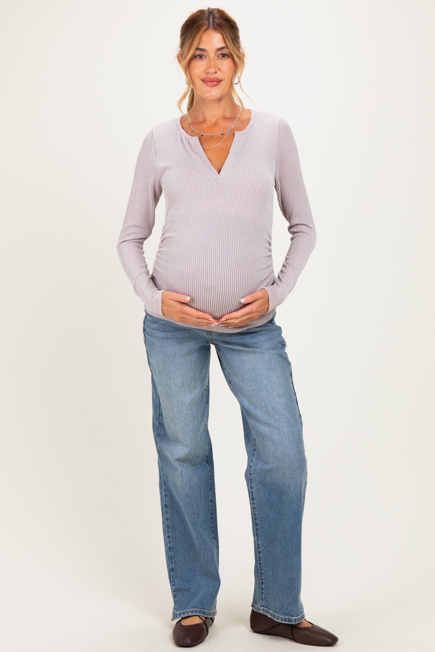 Beige Ribbed V-Neck Long Sleeve Maternity Top