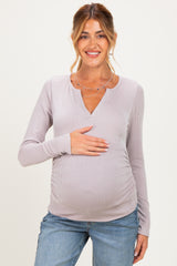 Beige Ribbed V-Neck Long Sleeve Maternity Top