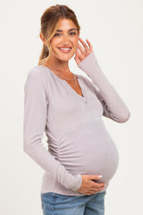 Beige Ribbed V-Neck Long Sleeve Maternity Top
