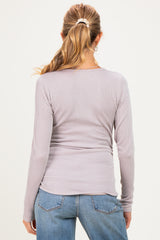 Beige Ribbed V-Neck Long Sleeve Maternity Top