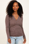Brown Ribbed V-Neck Long Sleeve Top