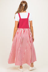 Crimson Striped Colorblock Denim Contrast Maternity Maxi Dress