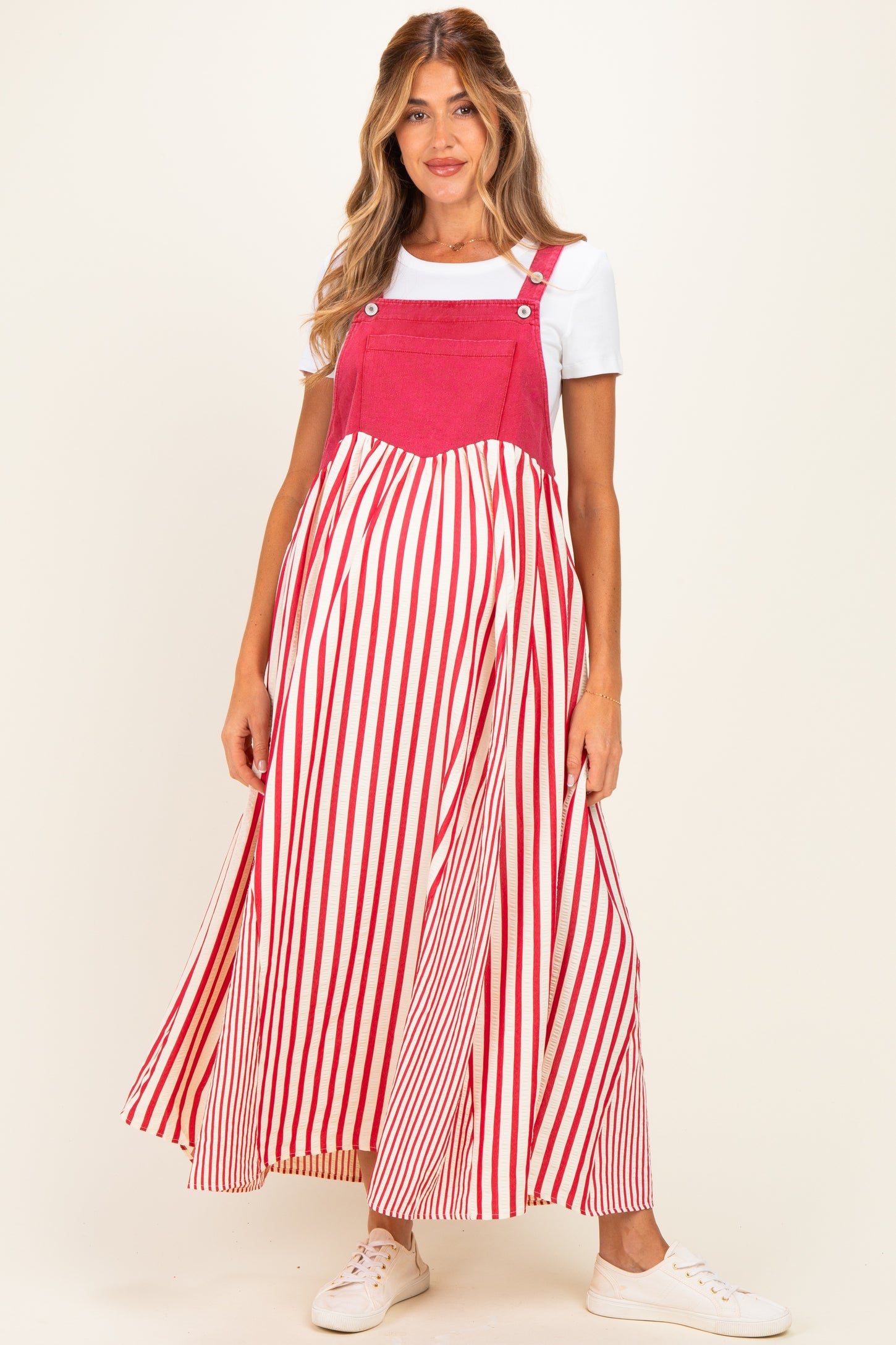 Crimson Striped Colorblock Denim Contrast Maternity Maxi Dress