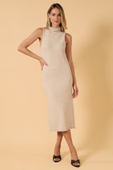 Oatmeal Turtleneck Sleeveless Midi Sweater Dress