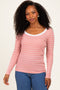 Coral Striped Long Sleeve Scoop Neck Top