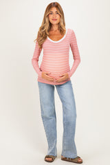 Coral Striped Long Sleeve Scoop Neck Maternity Top