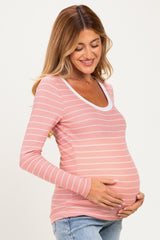 Coral Striped Long Sleeve Scoop Neck Maternity Top