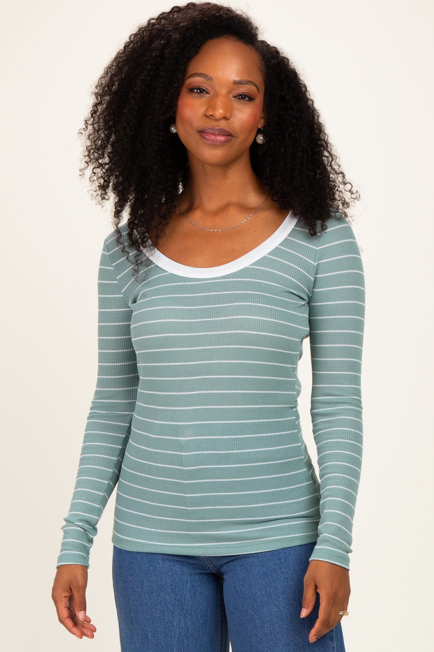 Mint Striped Long Sleeve Scoop Neck Top