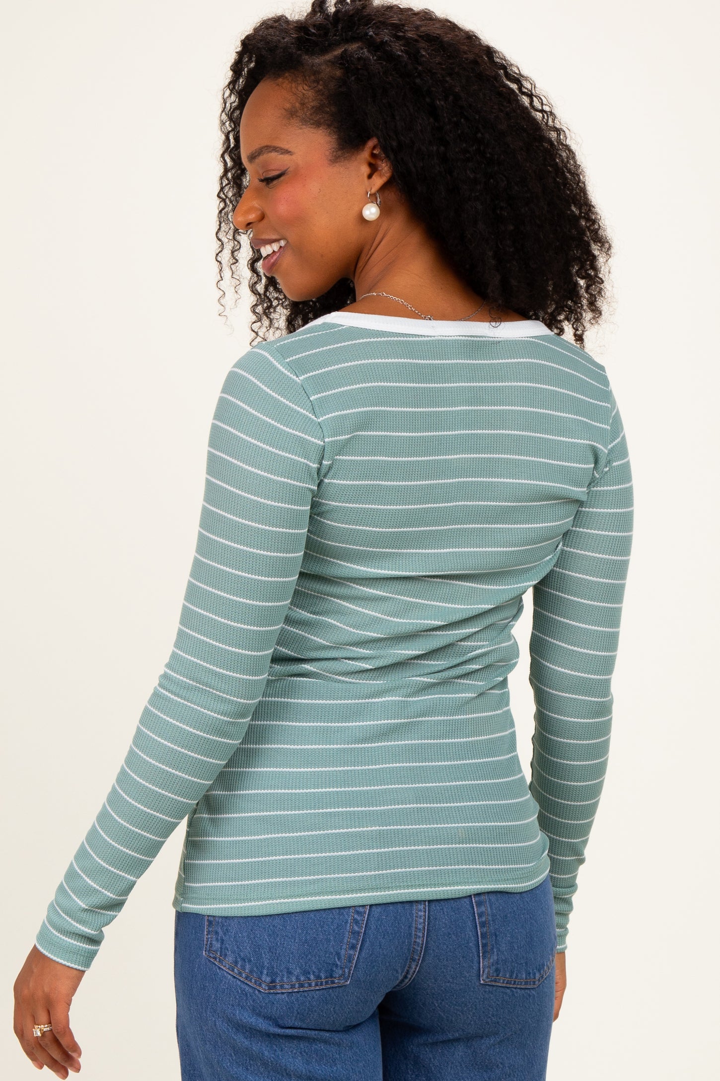 Mint Striped Long Sleeve Scoop Neck Top