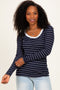 Navy Striped Long Sleeve Scoop Neck Top