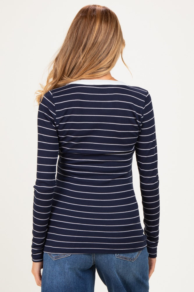 Navy Striped Long Sleeve Scoop Neck Maternity Top