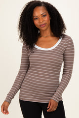 Taupe Striped Long Sleeve Scoop Neck Top