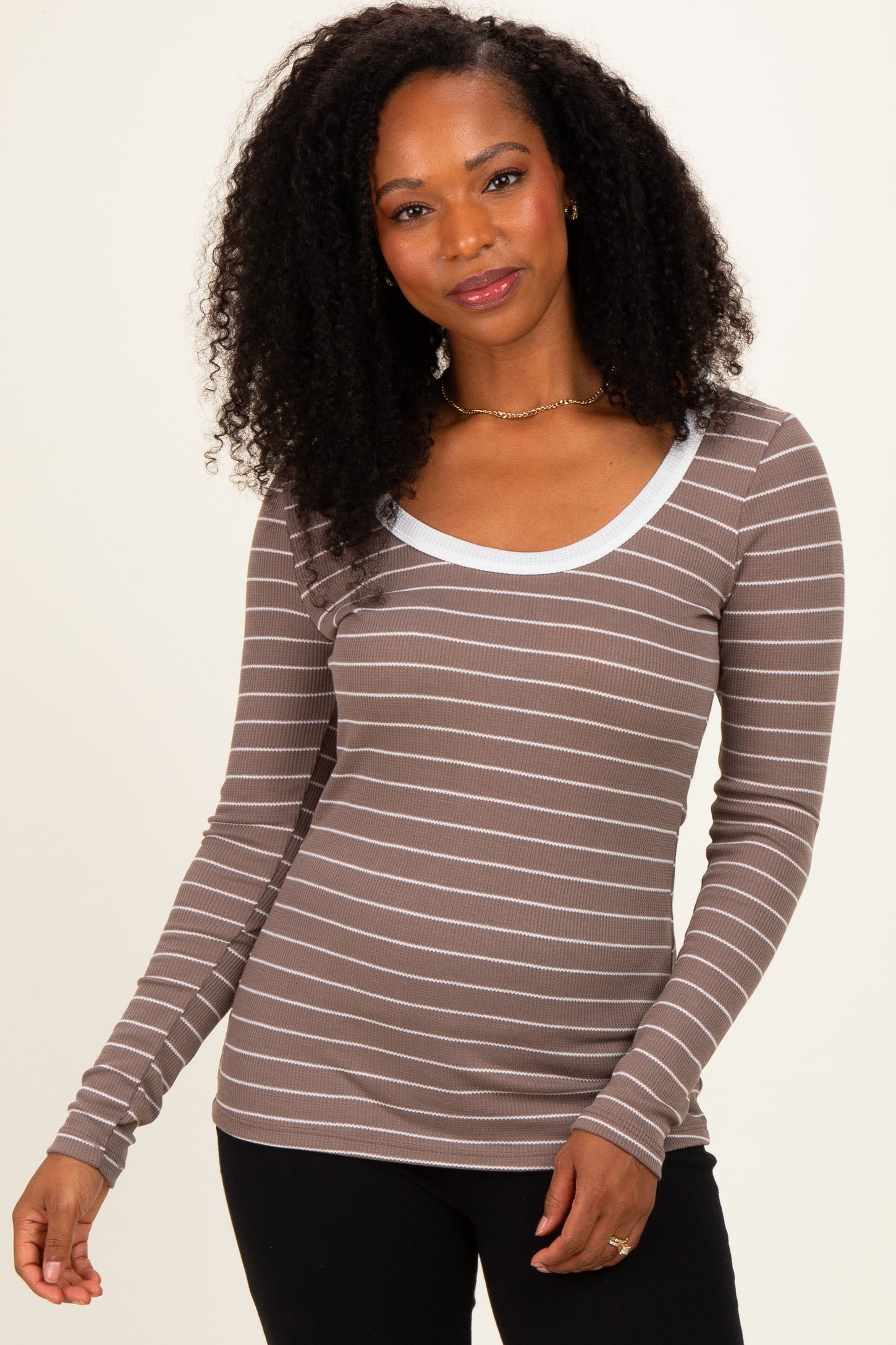 Taupe Striped Long Sleeve Scoop Neck Maternity Top