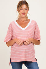 Coral Striped Short Sleeve V-Neck Maternity Top