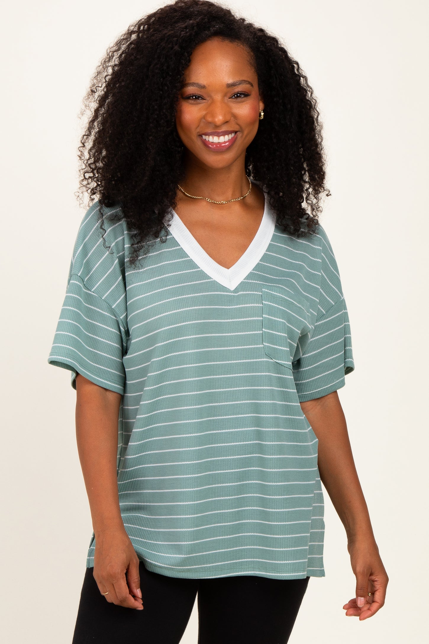 Mint Striped Short Sleeve V-Neck Maternity Top