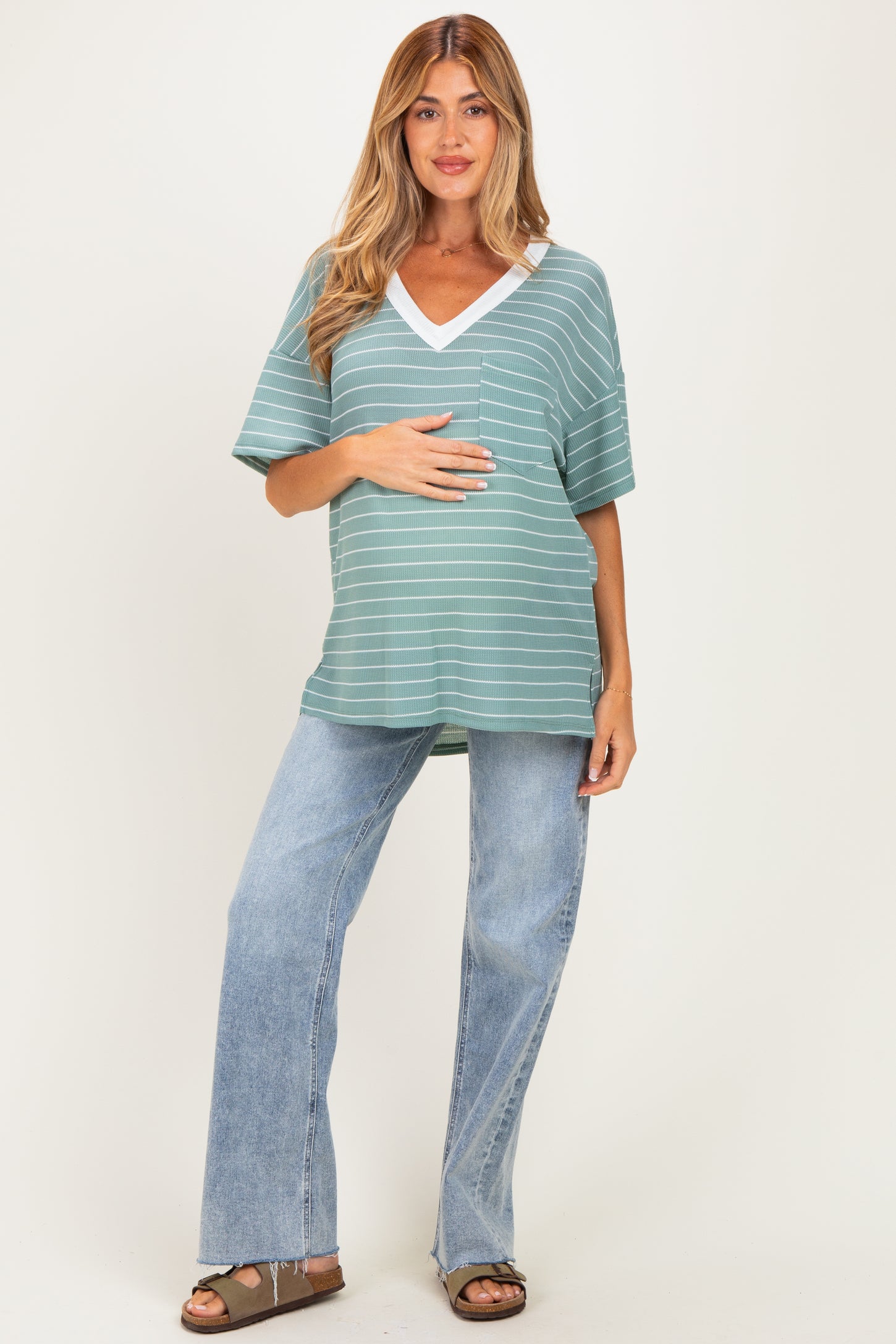 Mint Striped Short Sleeve V-Neck Maternity Top
