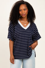 Navy Striped Short Sleeve V-Neck Maternity Top