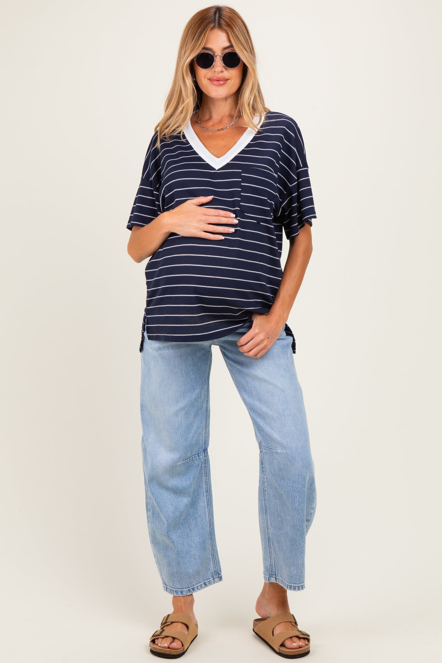 Navy Striped Short Sleeve V-Neck Maternity Top