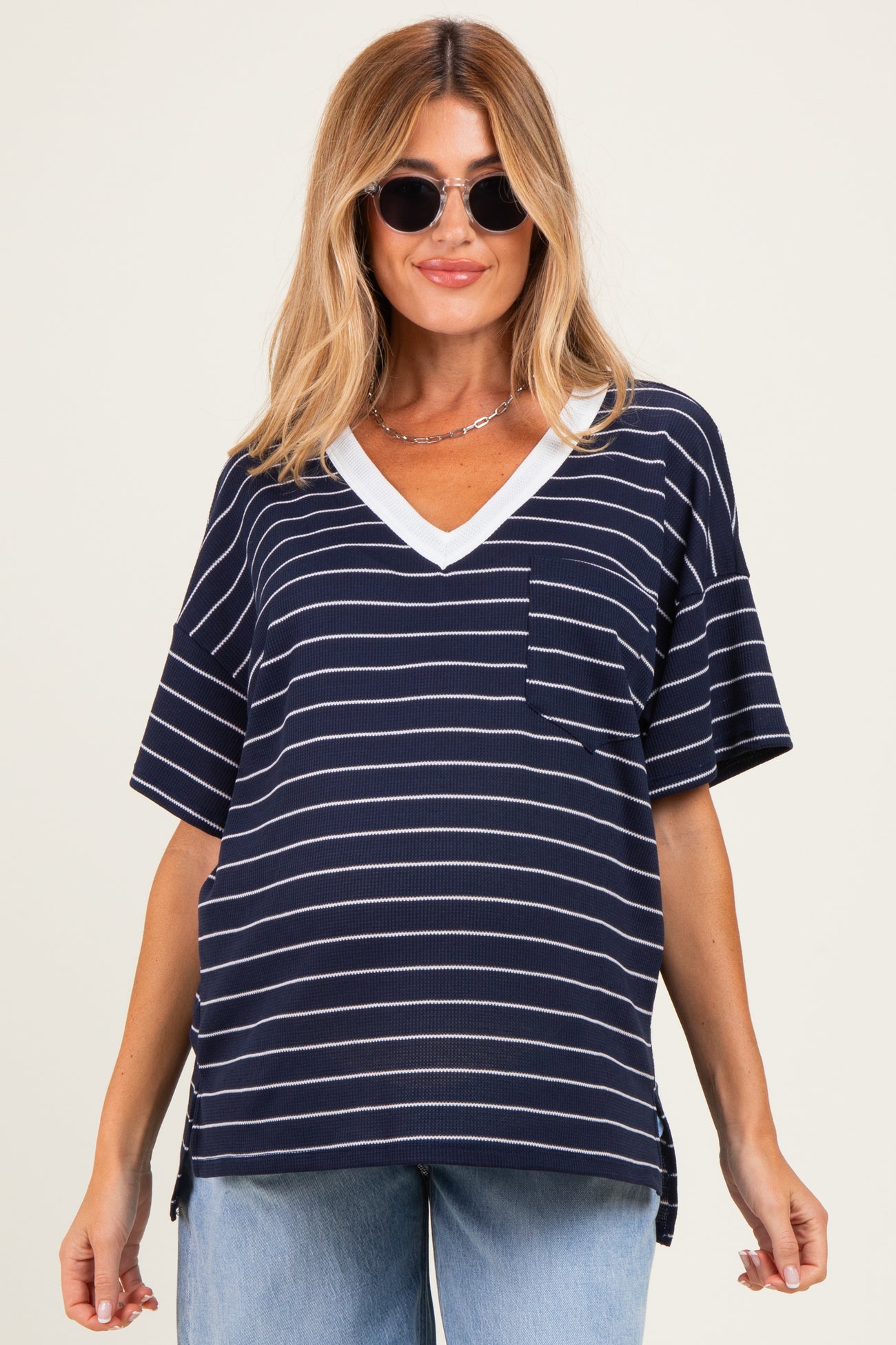 Navy Striped Short Sleeve V-Neck Maternity Top