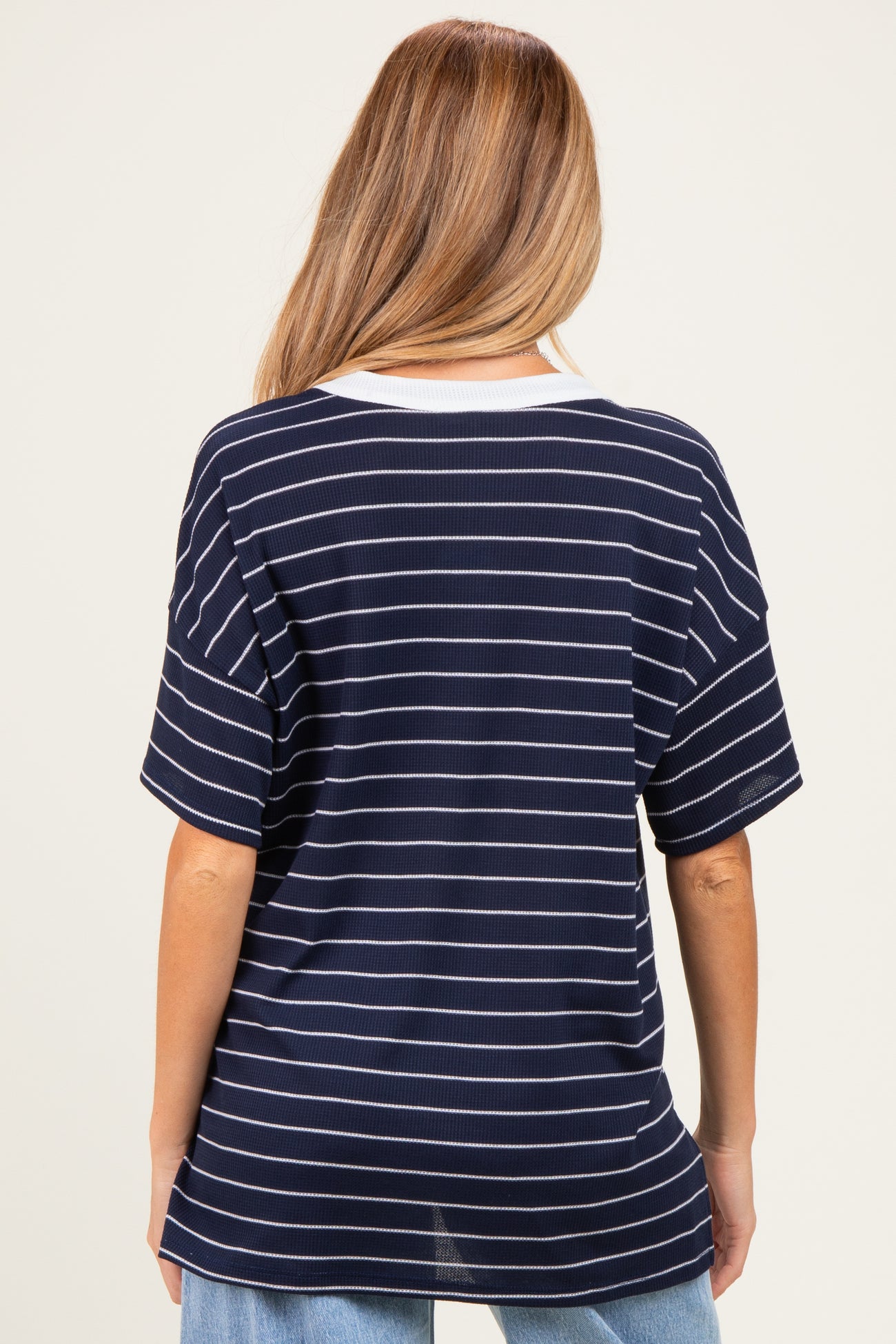 Navy Striped Short Sleeve V-Neck Maternity Top