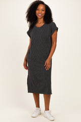 Charcoal Short Sleeve Ribbed Maternity Maxi Dress