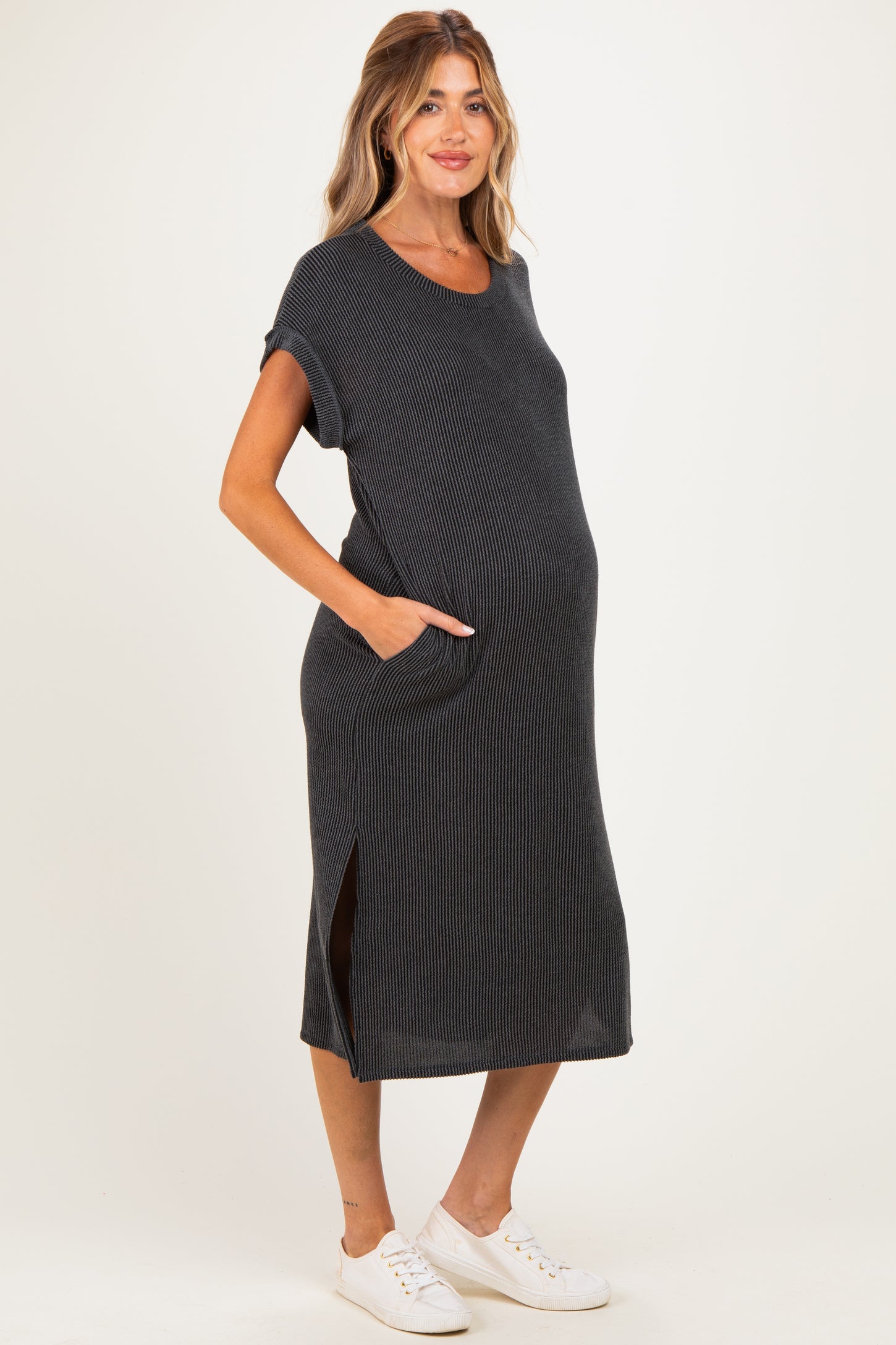 Charcoal Short Sleeve Ribbed Maternity Maxi Dress