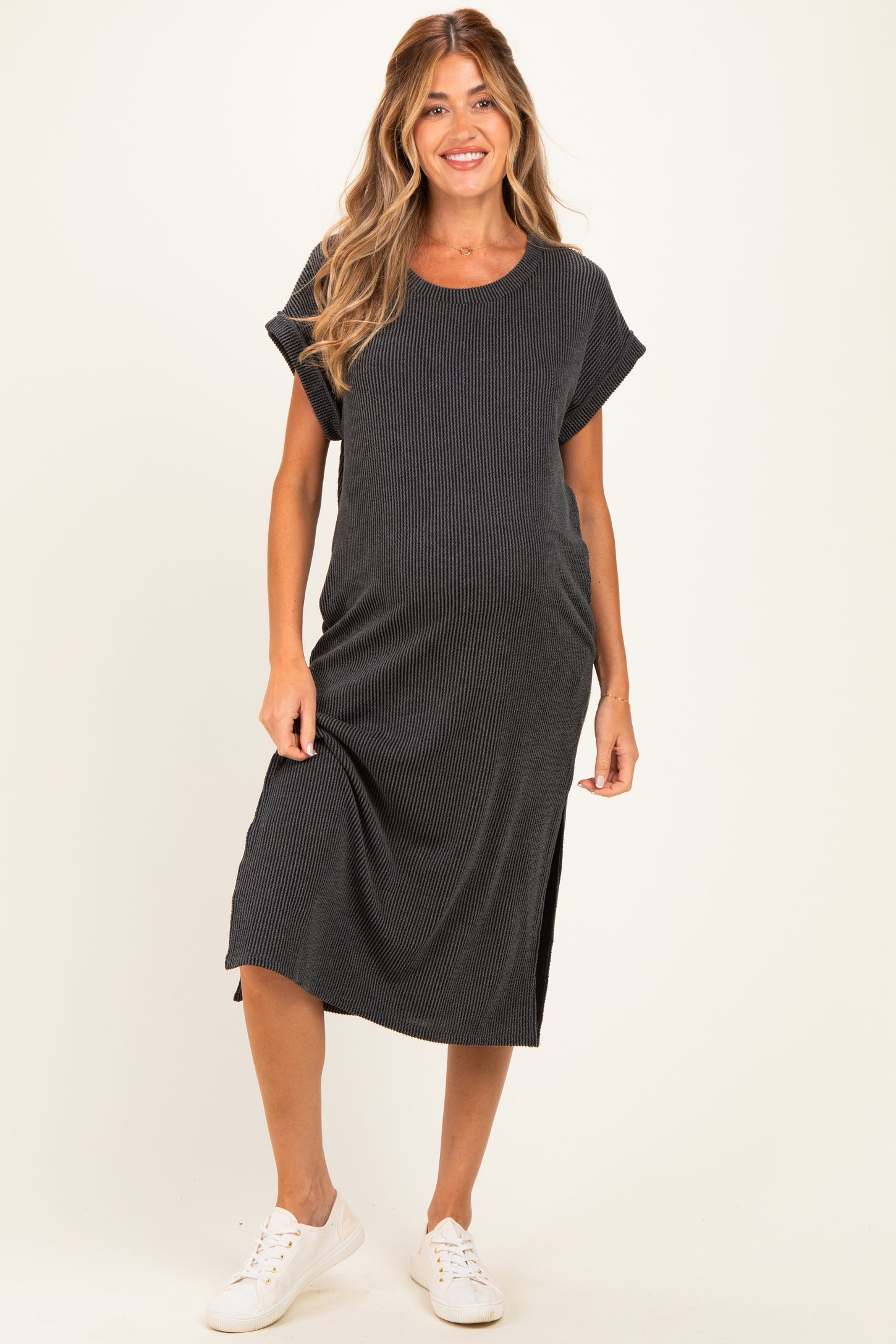 Charcoal Short Sleeve Ribbed Maternity Maxi Dress