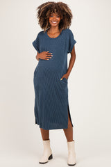 Hunter Green Short Sleeve Ribbed Maternity Maxi Dress
