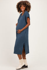 Hunter Green Short Sleeve Ribbed Maternity Maxi Dress