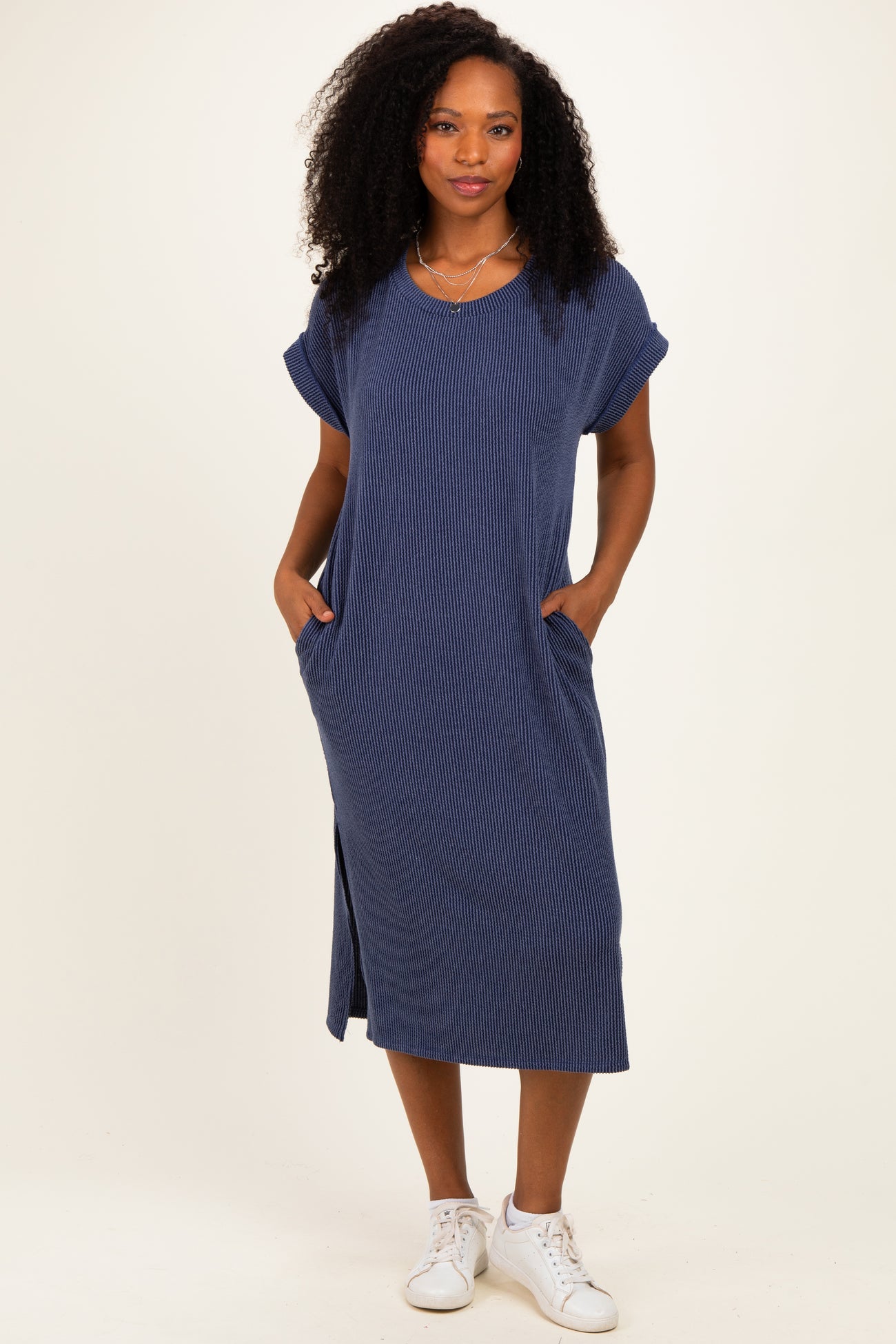 Navy Short Sleeve Ribbed Maxi Dress