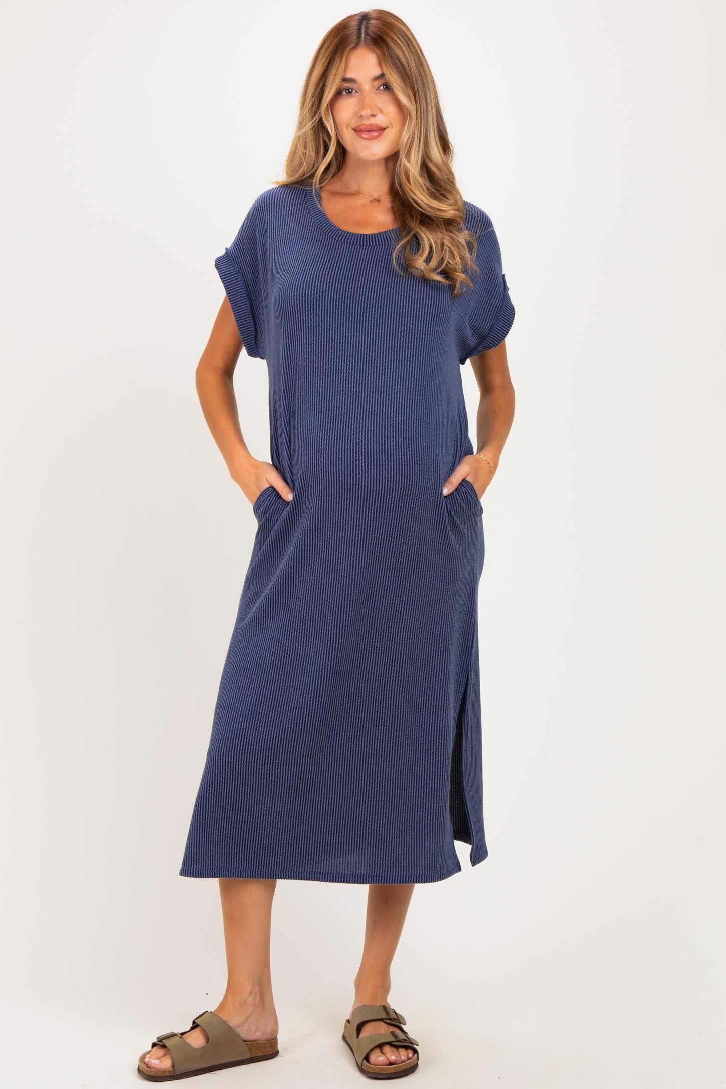 Navy Short Sleeve Ribbed Maternity Maxi Dress