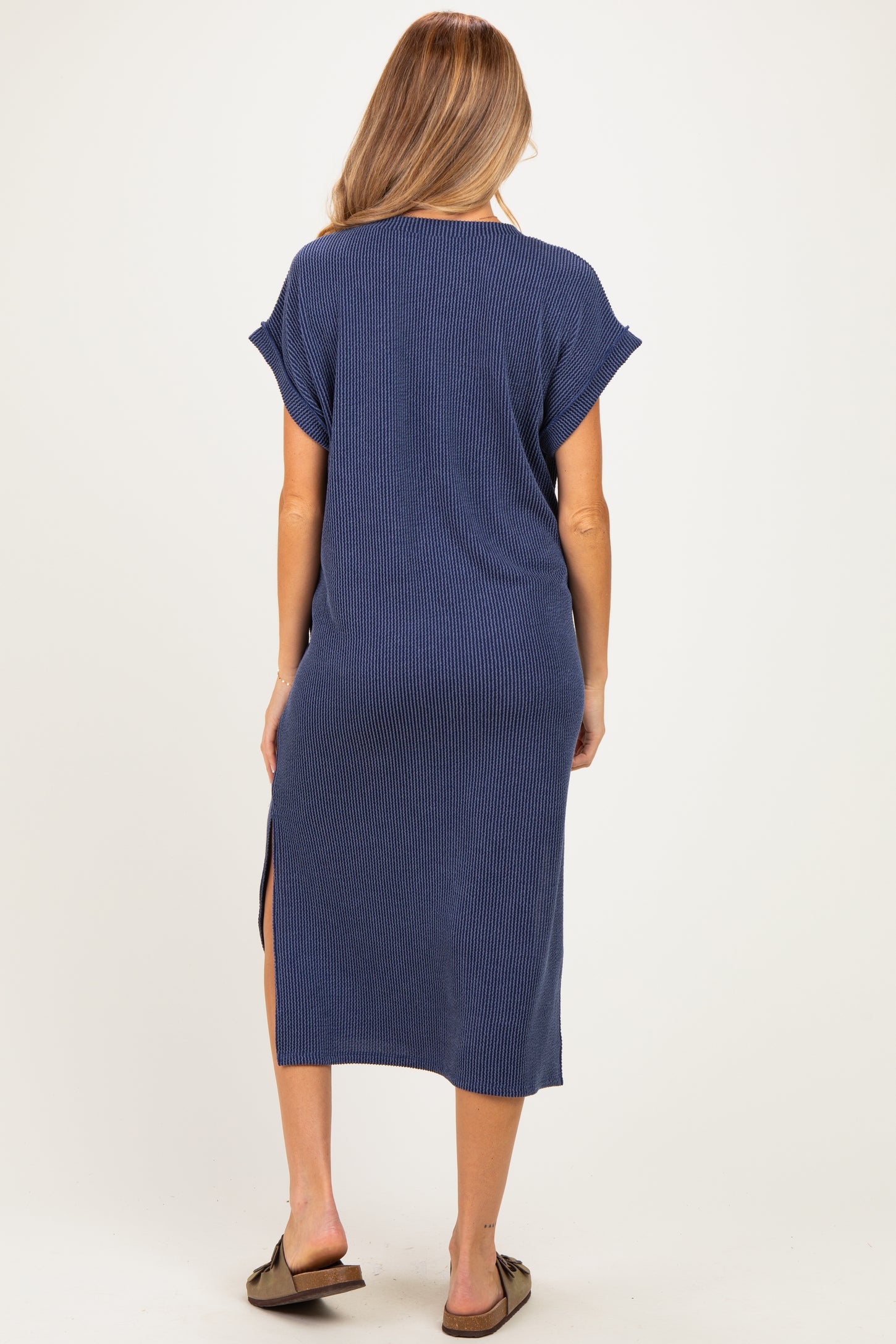 Navy Short Sleeve Ribbed Maternity Maxi Dress
