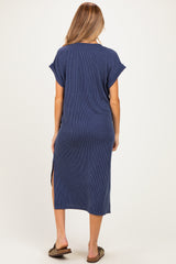 Navy Short Sleeve Ribbed Maternity Maxi Dress