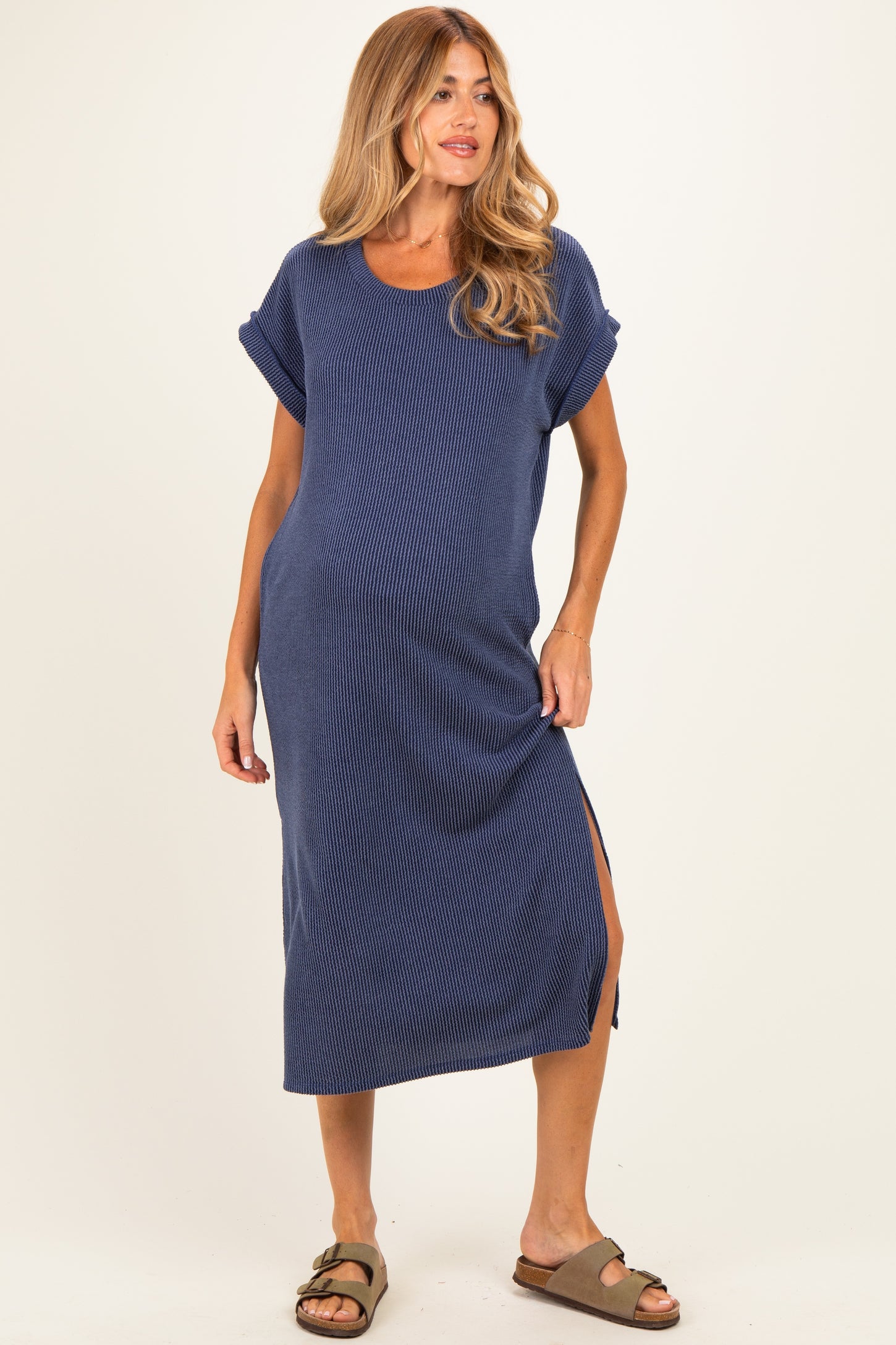 Navy Short Sleeve Ribbed Maternity Maxi Dress