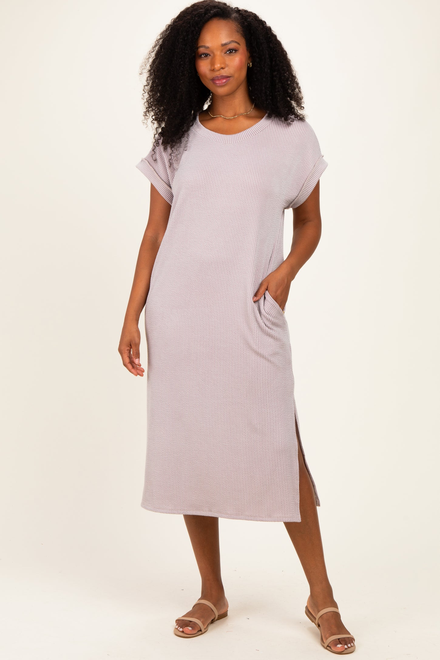 Beige Short Sleeve Ribbed Maternity Maxi Dress