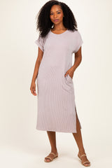 Beige Short Sleeve Ribbed Maternity Maxi Dress