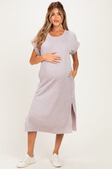 Beige Short Sleeve Ribbed Maternity Maxi Dress